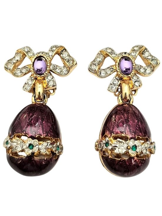 Gem Craft Russian Egg-Style Clip On Guilloche Rhinestone Earrings Signed, J675